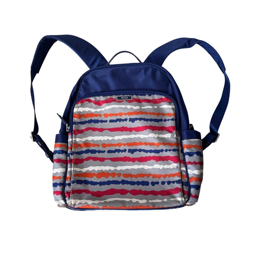 Tumi Voyageur Backpack Womens Medium Blue Striped Nylon Luxury Travel Bookbag